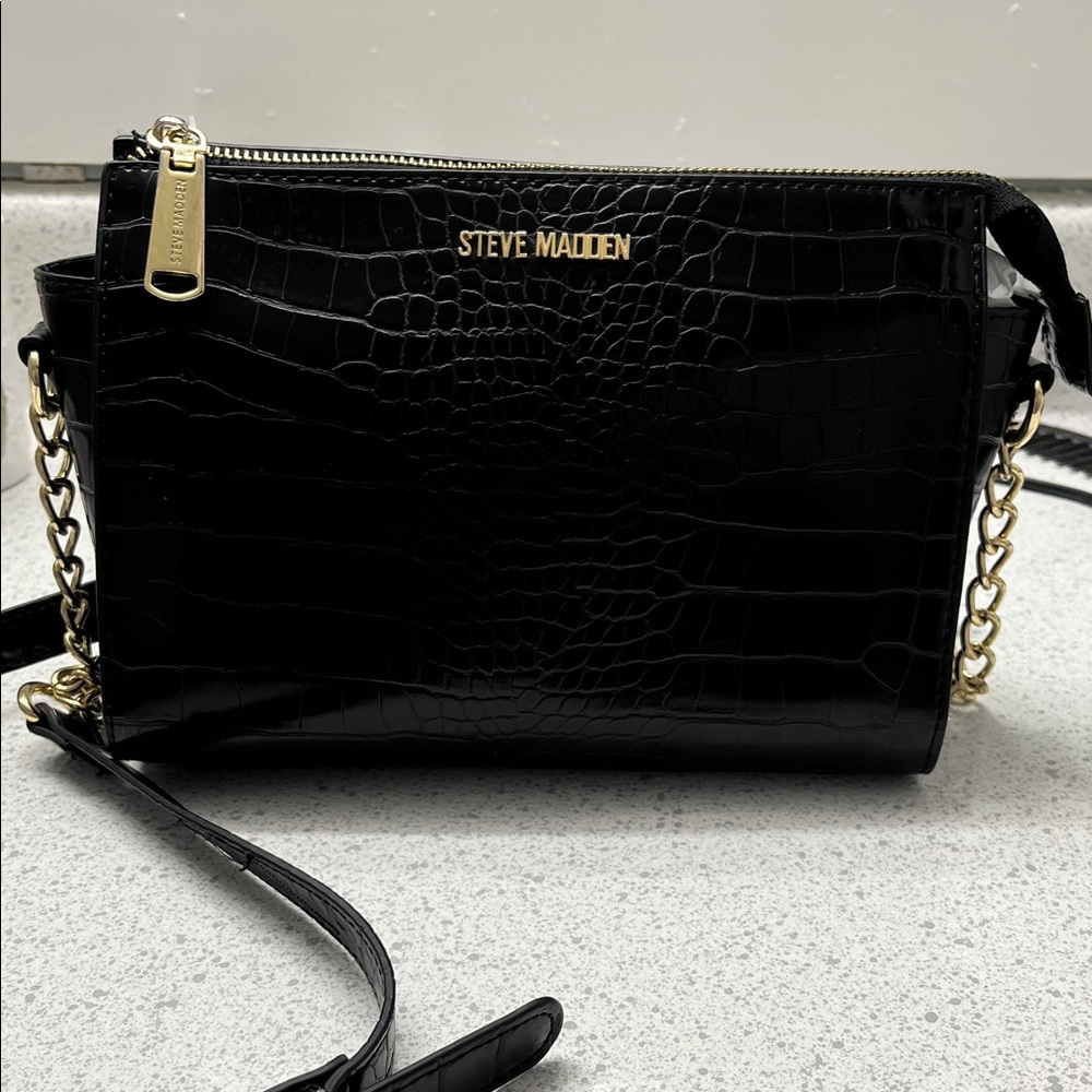 Steve Madden Black Croc Crossbody Bag with Gold Chain